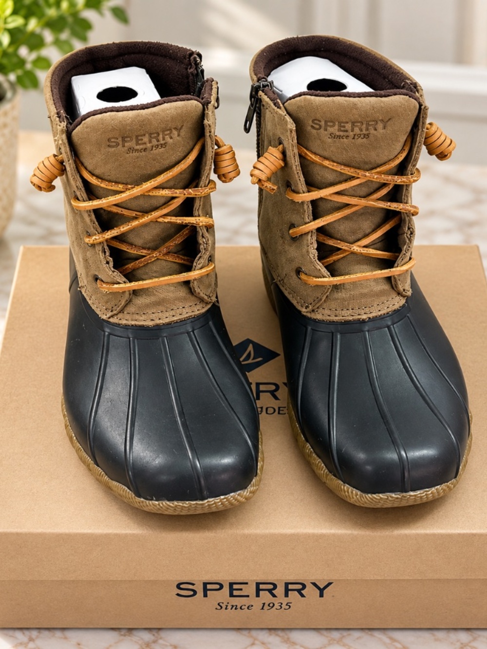 Sperry Women's Saltwater Seasonal Rain Boot in Brown & Olive
